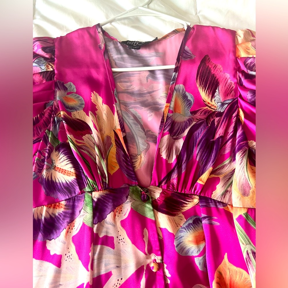 PatBo pink silk,  tea length dress, deep v
